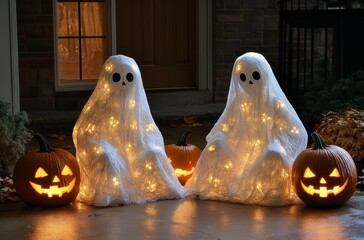 Two illuminated ghost figures sitting with glowing pumpkins on Halloween