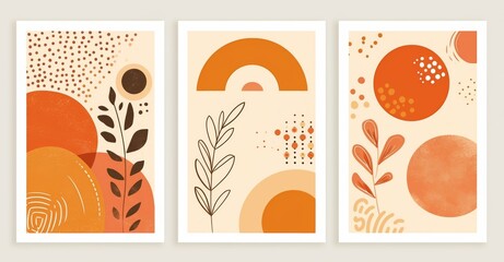 Set of Three Minimalist Boho Wall Art Prints Featuring Geometric Shapes and Plant Line Drawings in Warm Orange and Beige Tones for a Cozy Decor.

