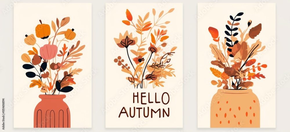Poster a set of three vector cards featuring an autumn theme, each displaying the text 