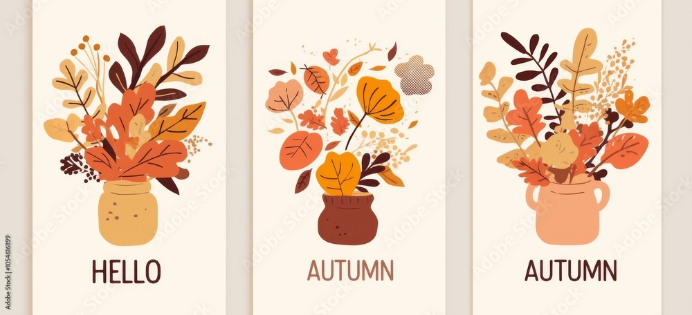 Poster a set of three vector cards featuring an autumn theme, each displaying the text 