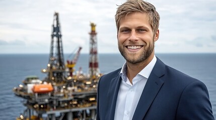 The early morning light enhances the serene waters of the North Sea while highlighting an oil and gas platform surrounded by industrial activity