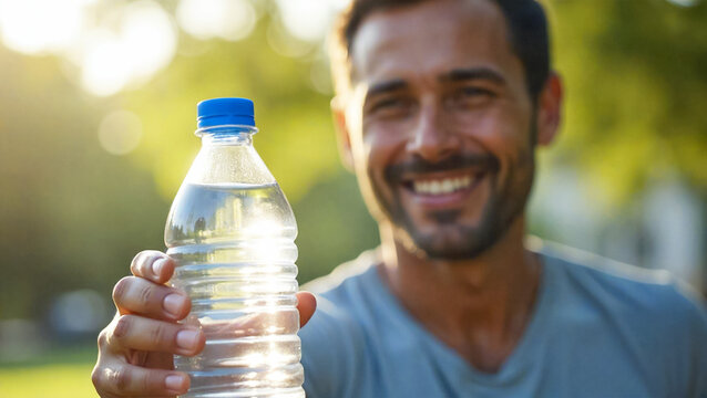 A smiling man holds out a water bottle, offering refreshment on a sunny day.