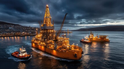 Obraz premium The early morning light enhances the serene waters of the North Sea while highlighting an oil and gas platform surrounded by industrial activity