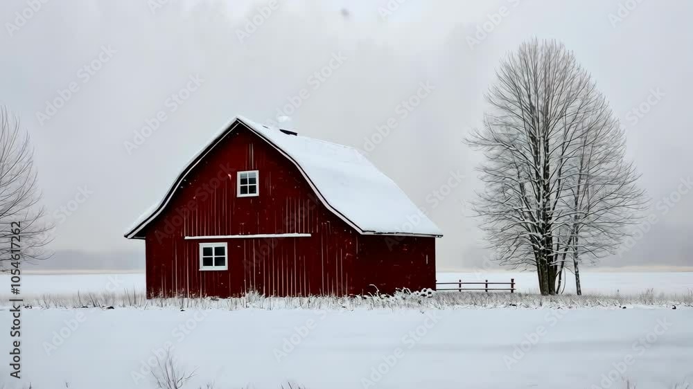 Poster a red barn sits in a snowy field with a bare tree in the background