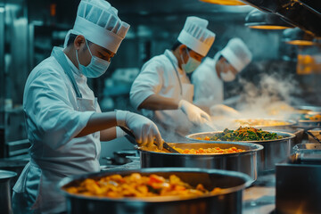 Team of skilled chefs in a busy restaurant kitchen prepare gourmet meals while wearing protective masks and gloves for safety. Steaming hot dishes being expertly cooked and plated.
