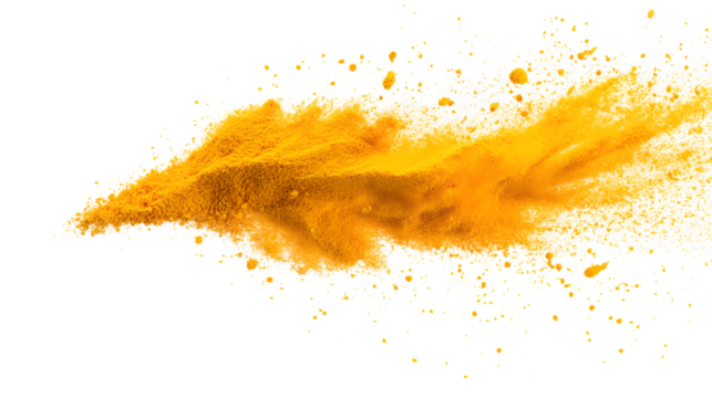 A dynamic burst of yellow turmeric powder flying in various directions. Isolated on white background