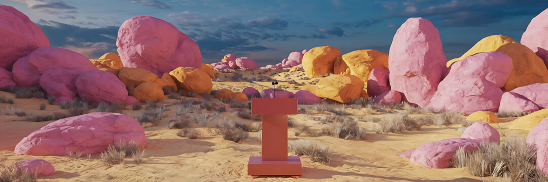 Pink and yellow rocks with a podium in the middle  surreal desert landscape  abstract concept  unconventional event   