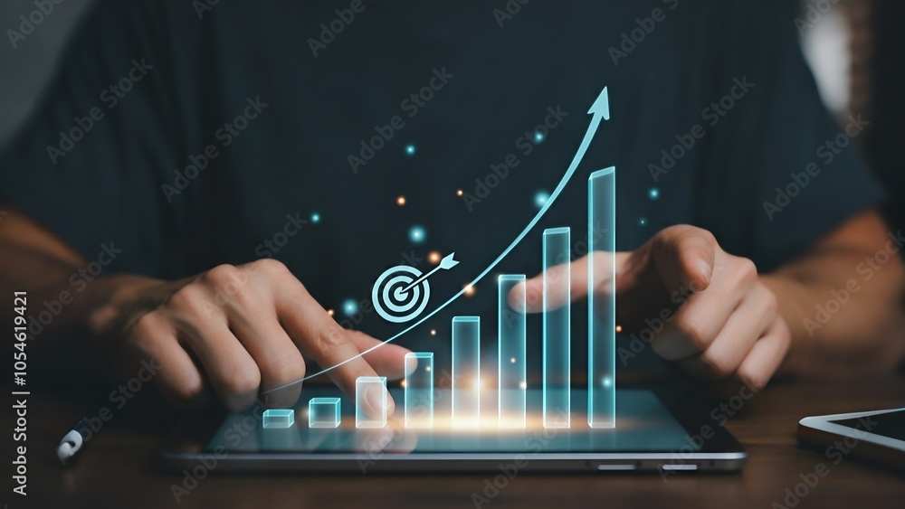 Aufkleber person using a tablet with holographic growth chart and target graphics overlay.