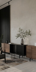 Modern minimalist living room interior design with wooden furniture and a beige wall   