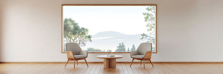Fototapeta premium Minimalist living room interior design with wooden furniture and a view of nature perfect for creating a calm and serene atmosphere 