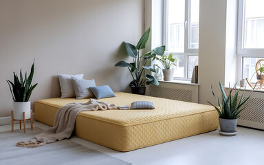 Yellow bed with white and blue pillows  green plants  and a throw blanket in a modern minimalist bedroom   