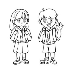 Boy and girl with backpacks line art