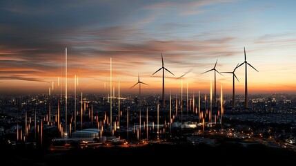 A stock market graph overlays wind turbines, illustrating the connection between finance and renewable energy during twilight hours