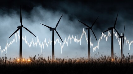 A stock market graph overlays wind turbines, illustrating the connection between finance and renewable energy during twilight hours