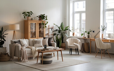 Light wood furniture and green plants in a modern living room  cozy and minimalist interior design   