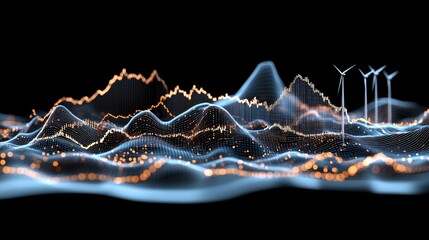 A stock market graph overlays wind turbines, illustrating the connection between finance and renewable energy during twilight hours