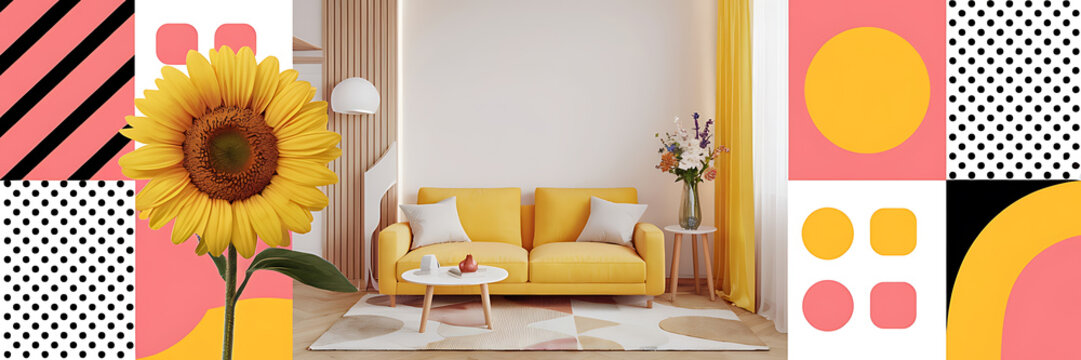 Yellow sunflower and yellow sofa in a modern living room  pink and yellow color scheme  geometric patterns  summery and cheerful   