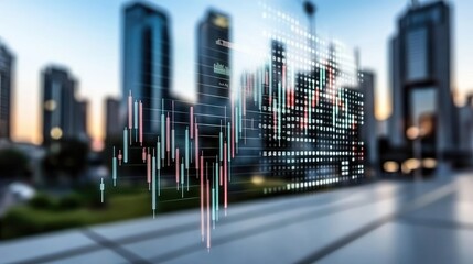 A stock market graph overlays wind turbines, illustrating the connection between finance and renewable energy during twilight hours