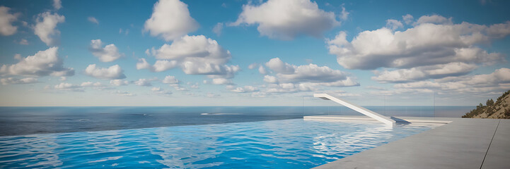 Fototapeta premium White diving board and blue water pool overlooking the ocean summer vacation luxury 