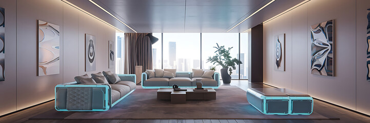 Futuristic living room with blue glowing furniture and a city view  modern design  luxury and comfort   