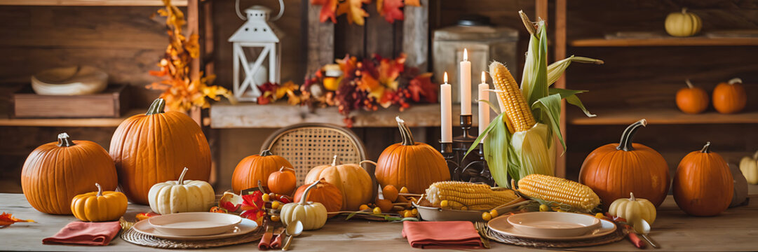 Orange pumpkins  yellow corn  rustic table  Thanksgiving dinner  warm autumnal colors   