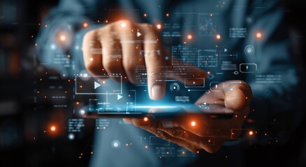 Businessman Using Mobile Phone for Online Video Watching, Digital Marketing, Social Media, Live Stream, Webinar, Online Education, Video Tutorial, Workshop Class, Internet Entertainment