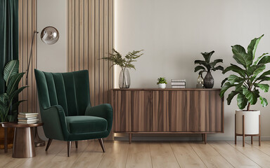 Modern living room interior design with green velvet armchair and wooden cabinet  showcasing minimalist style and a cozy atmosphere   