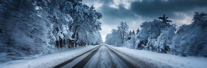 Snowy road  trees  white and blue  winter  driving through a winter wonderland   