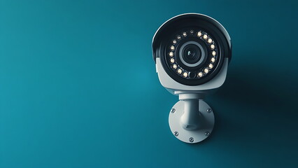 CCTV security camera isolated on blue background with empty space