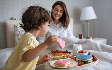 Happy family enjoying breakfast in bed with heart shaped pancakes  pink and blue  love and happiness  Mother s Day   