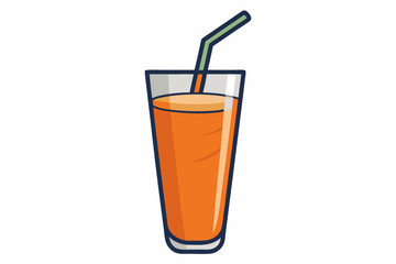  Tall glass full of orange carrot juice with the drinking straw, isolated over white background