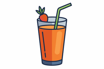  Tall glass full of orange carrot juice with the drinking straw, isolated over white background