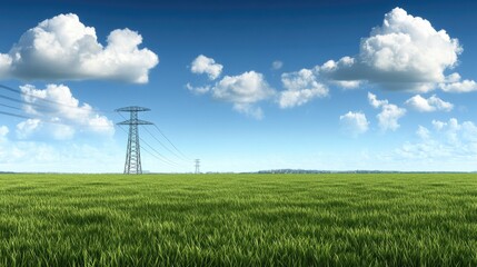 A towering electric tower stands against a bright blue sky filled with white clouds, surrounded by lush green grass and energy lines
