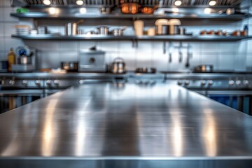 Professional Commercial Stainless Steel Table Top with Blurred Kitchen Background for Product Display and Advertising