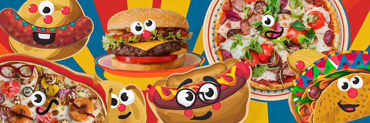 Cute cartoon food faces  red and yellow colors  fun and playful style  delicious fast food options  perfect for social media posts   