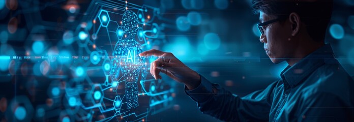 Businessman Analyzing Data with AI Technology for Future of Global Businesses, Intelligent Network Connections and Smart Innovations