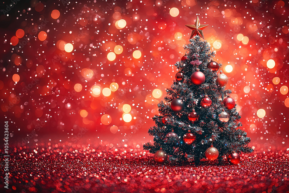 Poster the scene features a christmas tree adorned with red and gold ornaments, sparkling against a backdro