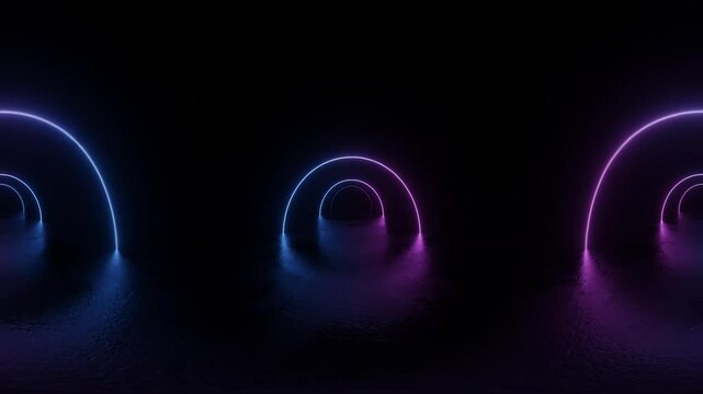 360 degree video of Futuristic Neon Arches Reflection looping seamless 3 render animation