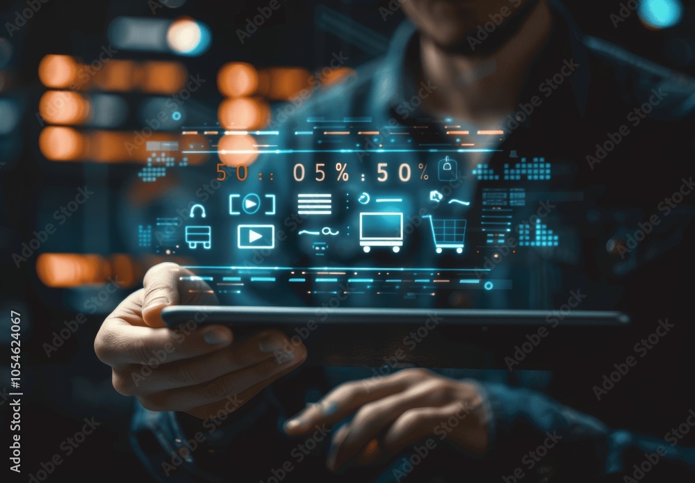 Poster man using tablet for online shopping with laptop showing 50% sign and loading bar icon on dark backg