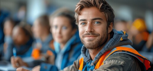 smiling male construction worker in classroom high vis vest pen in hand looking at camera students blurred background bright lighting realistic photo study seminar training learning
