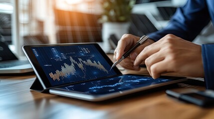 An engineer checks solar panel performance data on his tablet while standing in a green environment under daylight