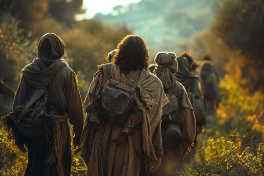 Jesus and his disciples walking in an olive grove in biblical times