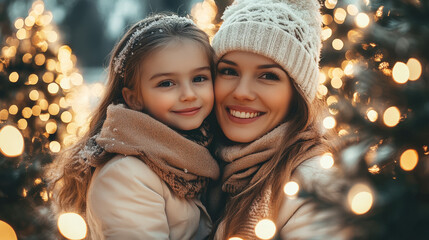 A woman and her young daughter smile warmly together, surrounded by bright Christmas lights in a winter setting