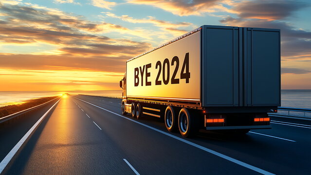 A large truck, showing the text BYE 2024 on its trailer, is driving down the highway at sunset meaning the year 2024 is about to be finished.