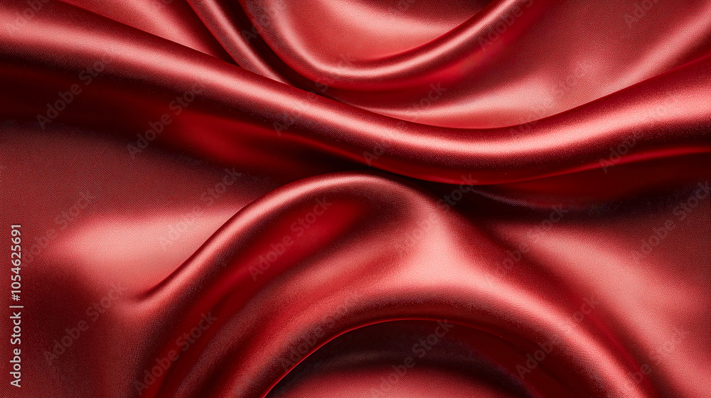 Poster rich crimson satin fabric elegantly draped and flowing with soft curves, showcasing texture and dept