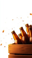 Brown glass beer bottles in a wooden crate, white isolated background.