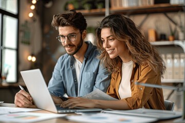Professional happy middle aged businesswoman explaining corporate elearning software to young male employee using laptop in modern conference room discussing project papers on desk