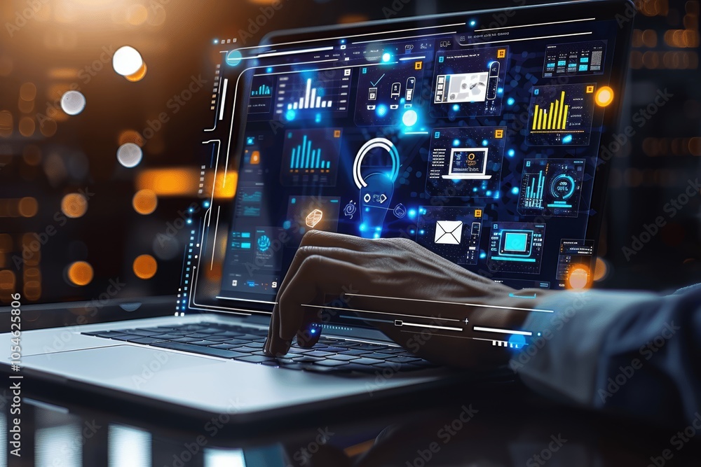 Aufkleber businessman utilizing ai on laptop for data analysis and virtual image generation in modern office