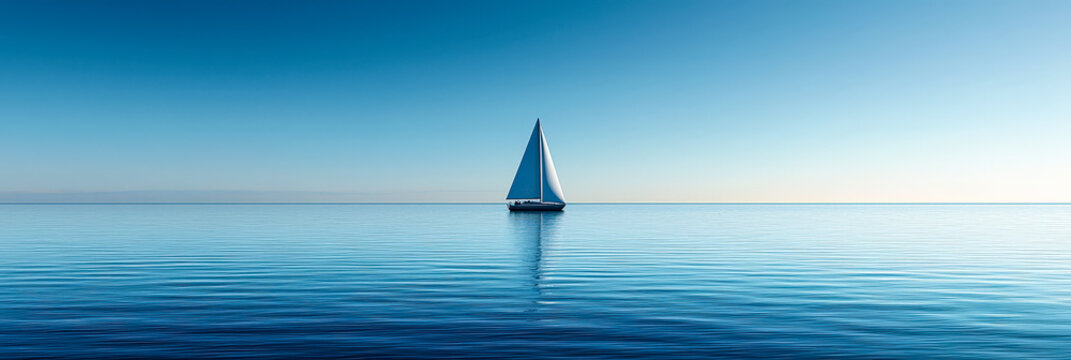 A sleek sailboat moves gracefully over still, reflective waters as the sun sets, casting a serene glow over the horizon in a tranquil coastal landscape