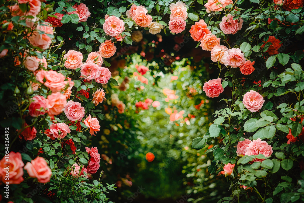 Aufkleber a stunning pathway adorned with vibrant pink and peach roses, surrounded by dense green leaves, crea